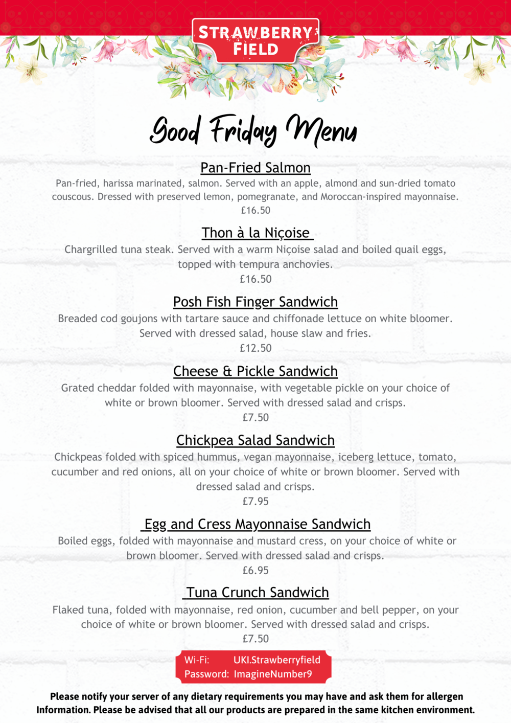 Good Friday lunch menu in the Imagine More Cafe at Strawberry Field Liverpool